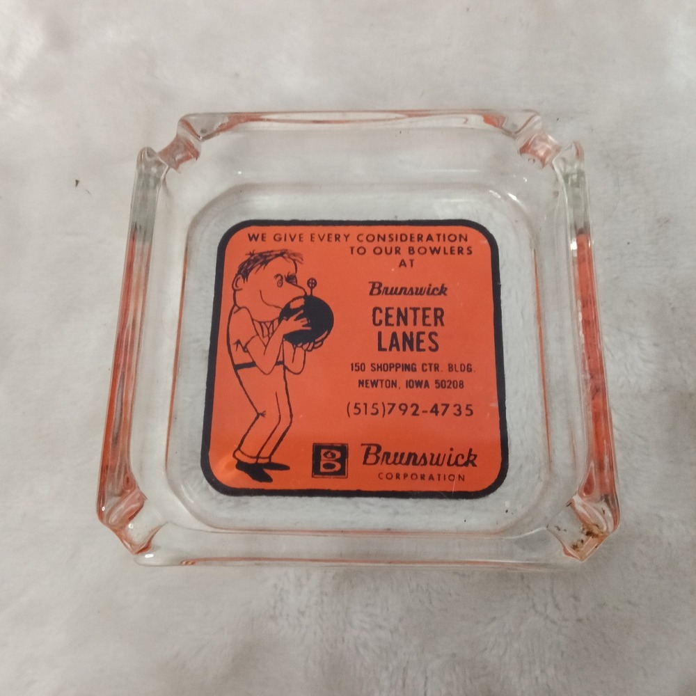 Vintage Brunswick Center Lanes Newton Iowa Glass Ashtray Bowling Advertising